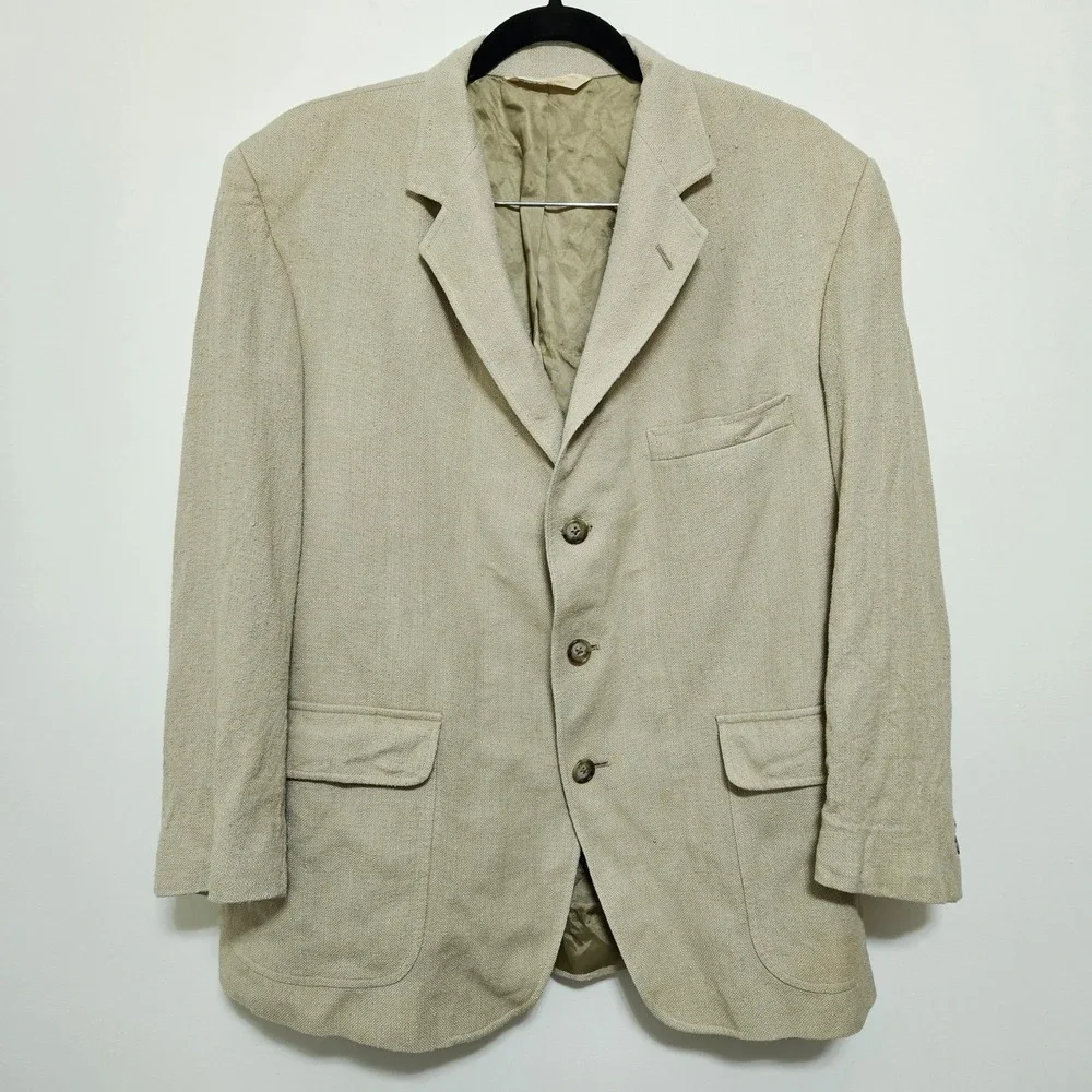 Huntington Mens Hopsack Blazer 3-Button Sport Coat Beige Made in USA Vintage 42S